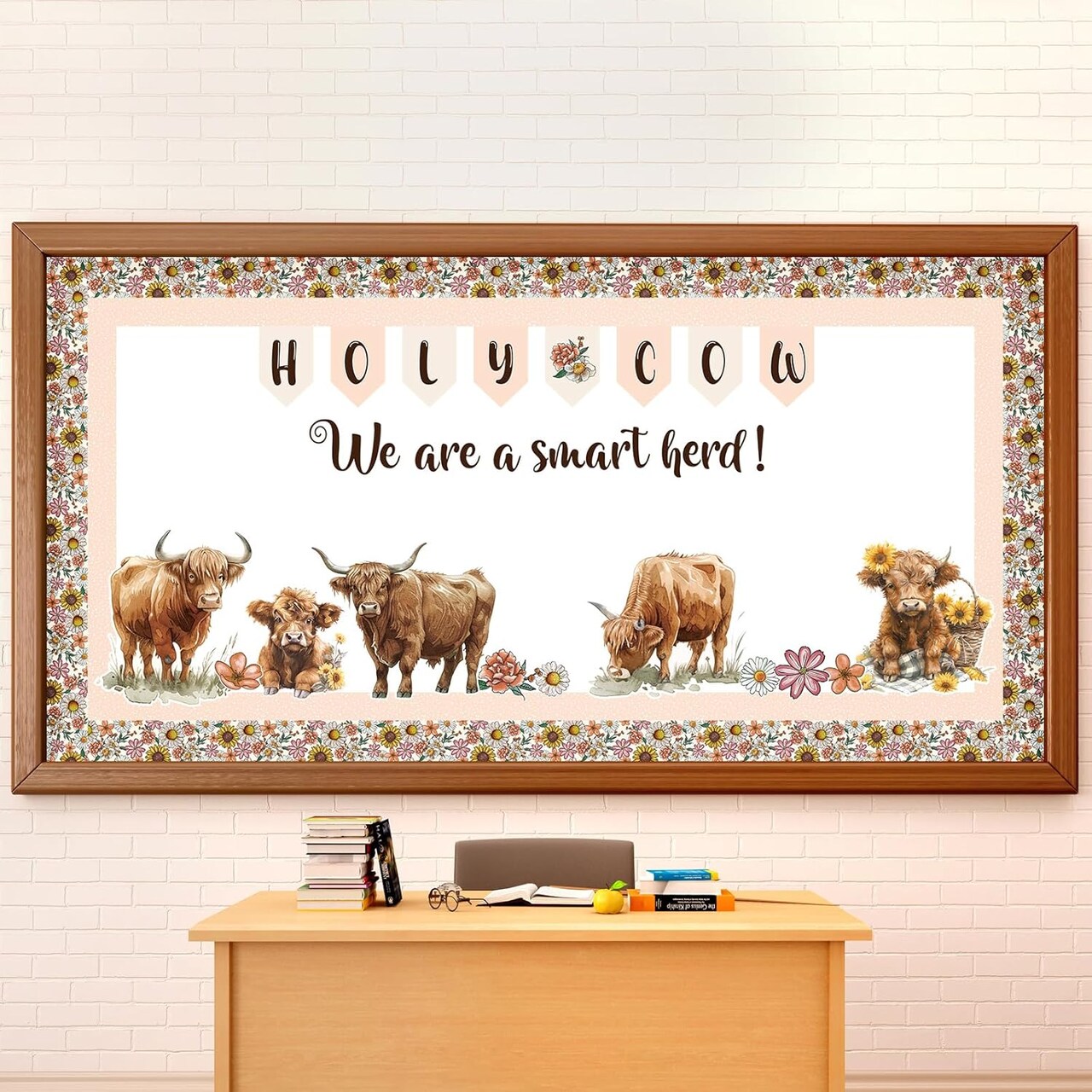 Highland Cow Classroom Decor Bulletin Board Set – "Holy Cow, We Are a Smart Herd" Western Theme for Back-to-School – Includes Boho Flower Borders, Cutouts, and Classroom Wall Decorations